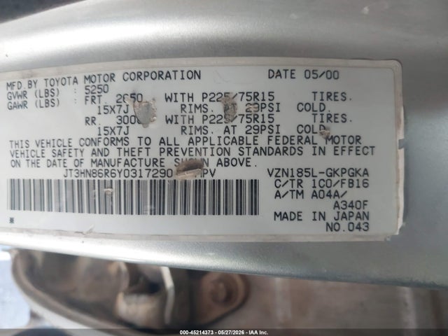 45214373 :رقم المزاد ، JT3HN86R6Y0317290 vin ، 2000 Toyota 4runner Sr5 V6 مزاد بيع