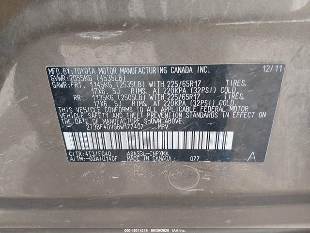 Aukcja sprzedaży 2011 Toyota Rav4, vin: 2T3BF4DV9BW177407, numer aukcji: 45214389
