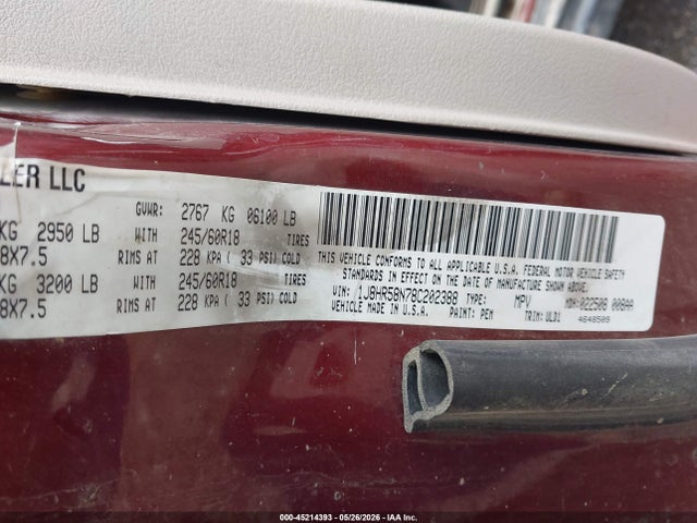 45214393 :رقم المزاد ، 1J8HR58N78C202388 vin ، 2008 Jeep Grand Cherokee Limited مزاد بيع