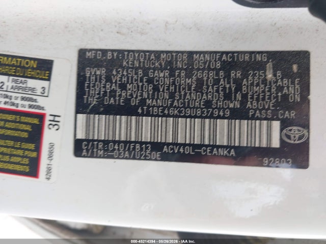 Aukcja sprzedaży 2009 Toyota Camry, vin: 4T1BE46K39U837949, numer aukcji: 45214394