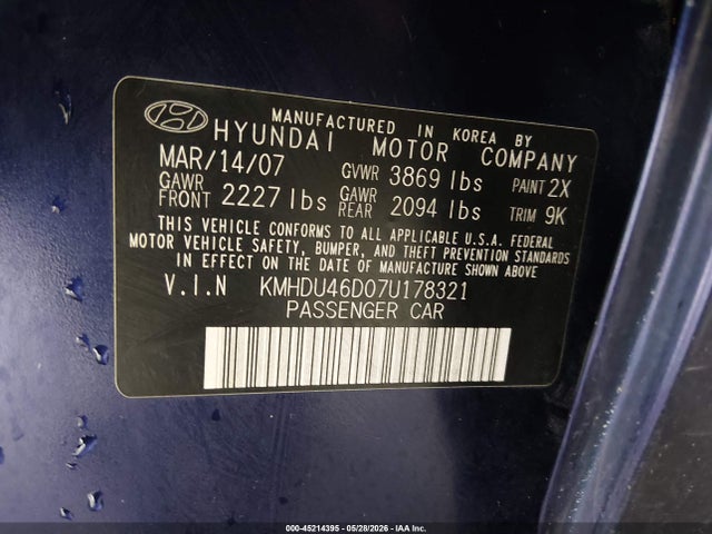 45214395 :رقم المزاد ، KMHDU46D07U178321 vin ، 2007 Hyundai Elantra Gls/limited/se مزاد بيع