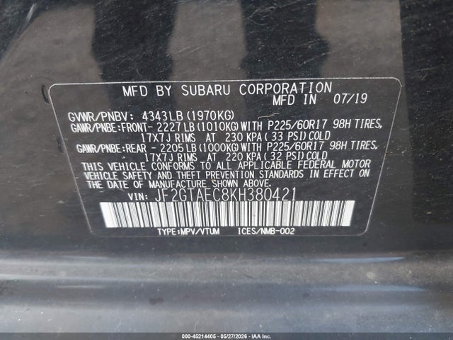 Aukcja sprzedaży 2019 Subaru Crosstrek 2.0i Premium, vin: JF2GTAEC8KH380421, numer aukcji: 45214405