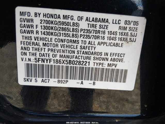 2005 Honda Pilot Ex-l მანქანა იყიდება აუქციონზე, vin: 5FNYF186X5B028221, აუქციონის ნომერი: 45214415