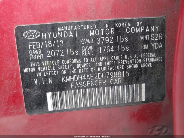 Auction sale of the 2013 Hyundai Elantra Gls, vin: KMHDH4AE2DU798815, lot number: 45214426