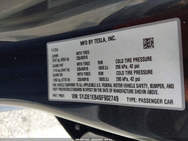 Продаж на аукціоні авто 2025 Tesla Model 3 Long Range All-wheel Drive, vin: 5YJ3E1EB4SF902749, номер лоту: 45214427