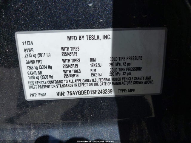 Продаж на аукціоні авто 2025 Tesla Model Y Long Range Dual Motor Rear-wheel Drive, vin: 7SAYGDED1SF243289, номер лоту: 45214428