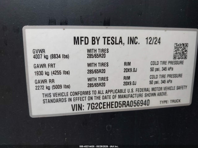 2024 Tesla Cybertruck მანქანა იყიდება აუქციონზე, vin: 7G2CEHED5RA056940, აუქციონის ნომერი: 45214430