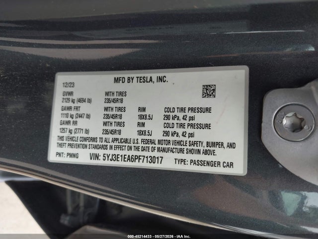 2023 Tesla Model 3 Rear-wheel Drive მანქანა იყიდება აუქციონზე, vin: 5YJ3E1EA6PF713017, აუქციონის ნომერი: 45214433