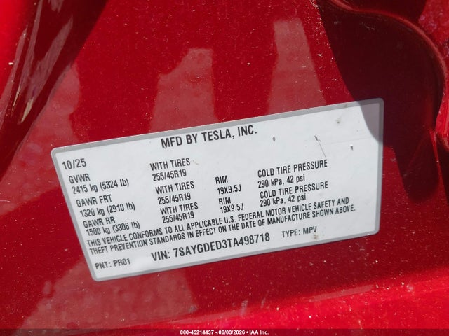 Продажа на аукционе авто 2026 Tesla Model Y Premium Rear-wheel Drive/rear-wheel Drive, vin: 7SAYGDED3TA498718, номер лота: 45214437