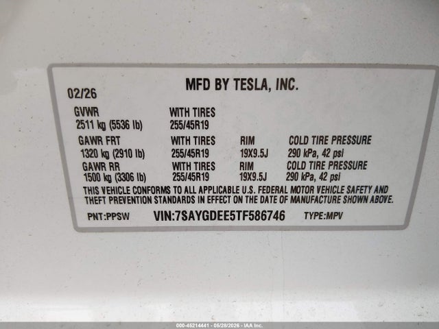 Aukcja sprzedaży 2026 Tesla Model Y All-wheel Drive/long Range Launch Series/premium All-wheel Drive, vin: 7SAYGDEE5TF586746, numer aukcji: 45214441
