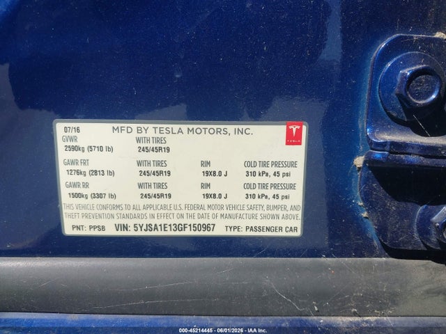 Продаж на аукціоні авто 2016 Tesla Model S 60/70/75/85, vin: 5YJSA1E13GF150967, номер лоту: 45214445