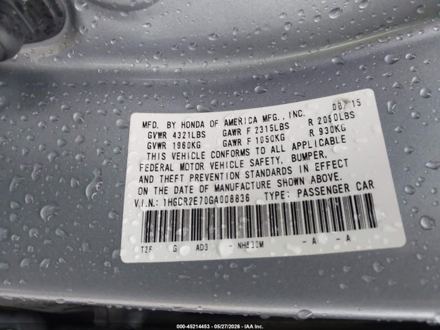 Honda ACCORD EX 2016 1HGCR2E70GA008836 Image 9