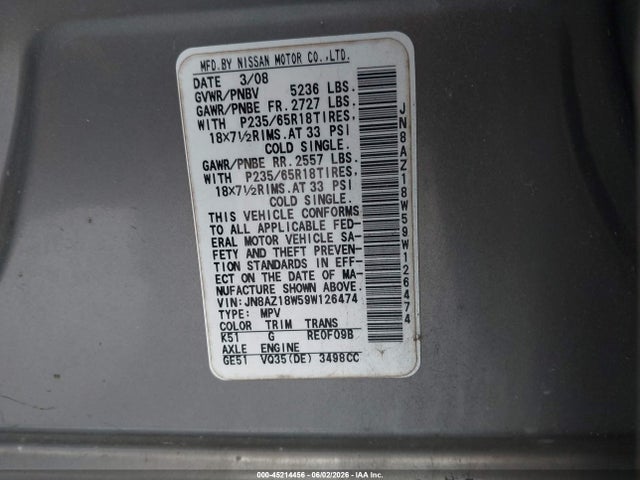 Aukcja sprzedaży 2009 Nissan Murano S, vin: JN8AZ18W59W126474, numer aukcji: 45214456