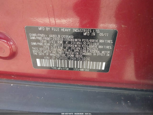 Aukcja sprzedaży 2011 Subaru Forester 2.5x, vin: JF2SHBBC2BH763826, numer aukcji: 45214475
