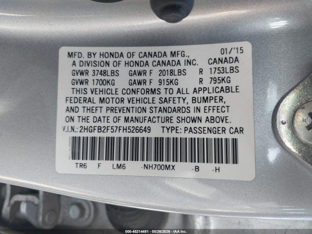 2015 Honda Civic Lx მანქანა იყიდება აუქციონზე, vin: 2HGFB2F57FH526649, აუქციონის ნომერი: 45214481