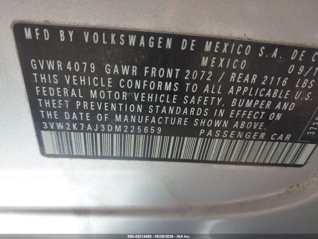 Aukcja sprzedaży 2013 Volkswagen Jetta 2.0l S, vin: 3VW2K7AJ3DM225659, numer aukcji: 45214490