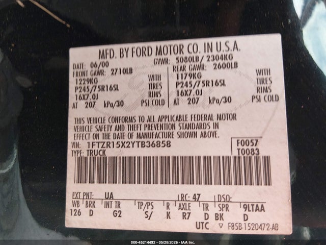 45214492 :رقم المزاد ، 1FTZR15X2YTB36858 vin ، 2000 Ford Ranger Xlt مزاد بيع