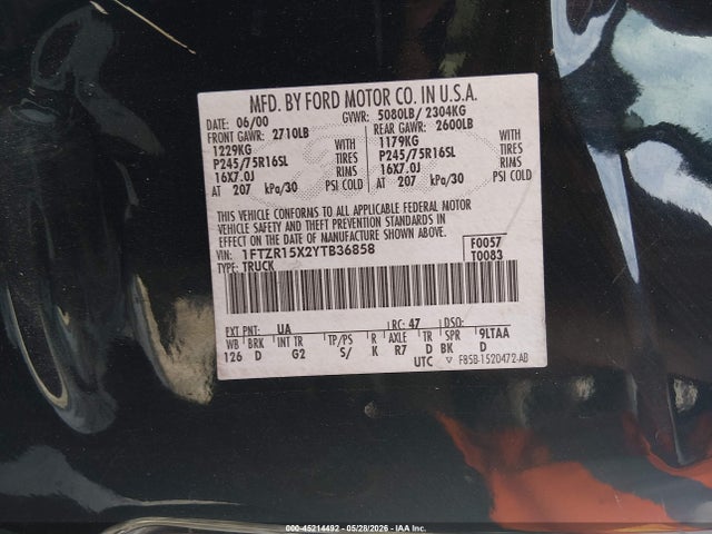 45214492 :رقم المزاد ، 1FTZR15X2YTB36858 vin ، 2000 Ford Ranger Xlt مزاد بيع