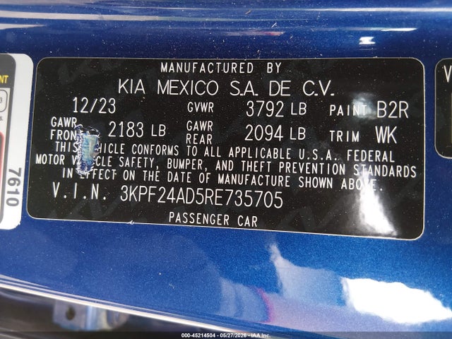 Aukcja sprzedaży 2024 Kia Forte Lxs, vin: 3KPF24AD5RE735705, numer aukcji: 45214504