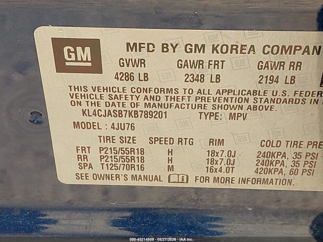 2019 Buick Encore Fwd Preferred მანქანა იყიდება აუქციონზე, vin: KL4CJASB7KB789201, აუქციონის ნომერი: 45214509