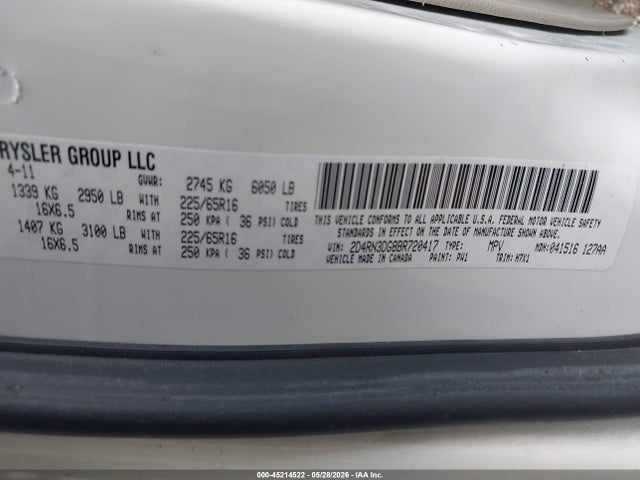 45214522 :رقم المزاد ، 2D4RN3DG8BR720417 vin ، 2011 Dodge Grand Caravan Mainstreet مزاد بيع