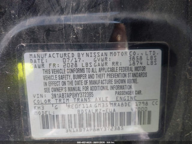 Aukcja sprzedaży 2017 Nissan Sentra Sr, vin: 3N1AB7AP8HY372385, numer aukcji: 45214525