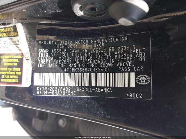 45214528 :رقم المزاد ، 4T1BK36B67U182430 vin ، 2007 Toyota Avalon Xl مزاد بيع