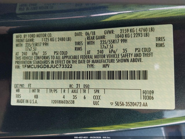 Aukcja sprzedaży 2018 Ford Escape Se, vin: 1FMCU9GD8JUC73322, numer aukcji: 45214531