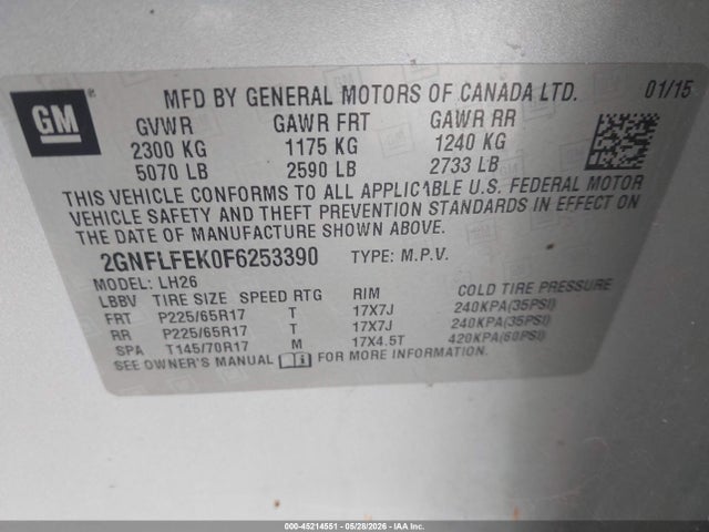 Aukcja sprzedaży 2015 Chevrolet Equinox 1lt, vin: 2GNFLFEK0F6253390, numer aukcji: 45214551
