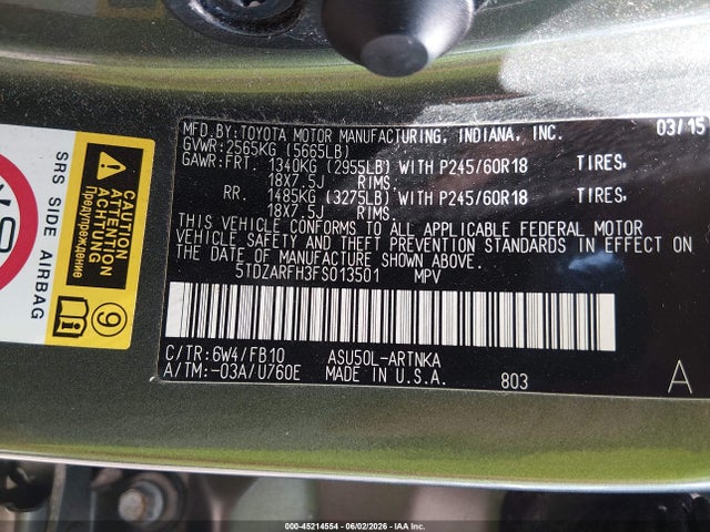 Aukcja sprzedaży 2015 Toyota Highlander Le, vin: 5TDZARFH3FS013501, numer aukcji: 45214554
