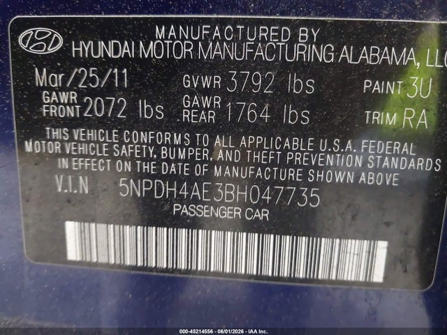 Продаж на аукціоні авто 2011 Hyundai Elantra Gls, vin: 5NPDH4AE3BH047735, номер лоту: 45214556