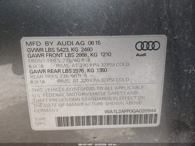 45214567 :رقم المزاد ، WA1L2AFP0GA020944 vin ، 2016 Audi Q5 2.0t Premium مزاد بيع