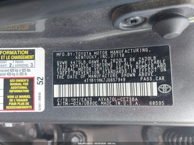 45214575 :رقم المزاد ، 4T1B11HK7JU657949 vin ، 2018 Toyota Camry Se مزاد بيع