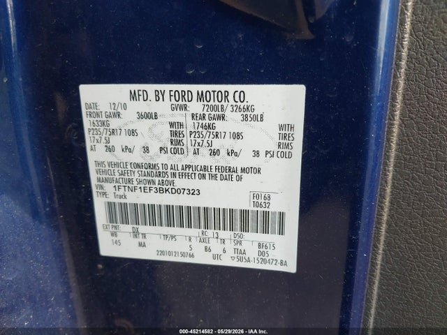 Aukcja sprzedaży 2011 Ford F-150 Xlt, vin: 1FTNF1EF3BKD07323, numer aukcji: 45214582