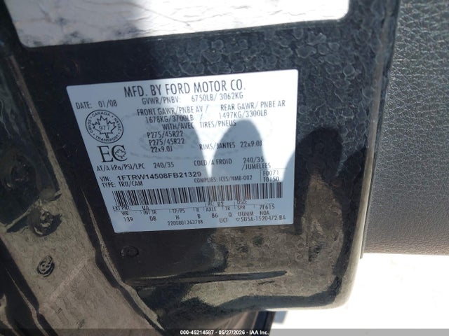 2008 Ford F-150 Harley-davidson მანქანა იყიდება აუქციონზე, vin: 1FTRW14508FB21329, აუქციონის ნომერი: 45214587