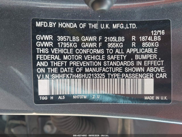 SHHFK7H46HU213325 Honda Civic Sport