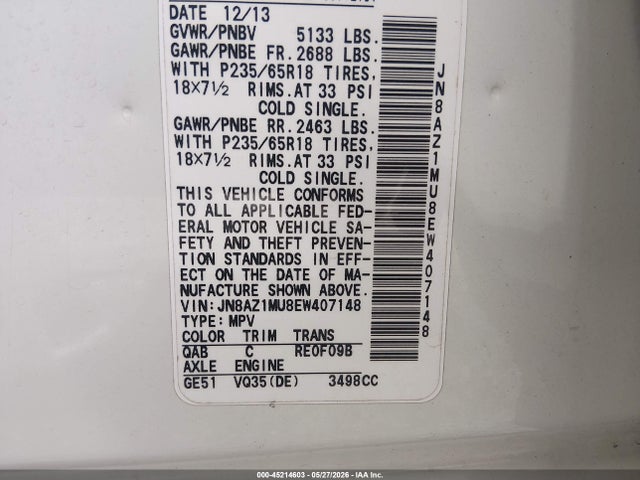 Продажа на аукционе авто 2014 Nissan Murano Sv, vin: JN8AZ1MU8EW407148, номер лота: 45214603