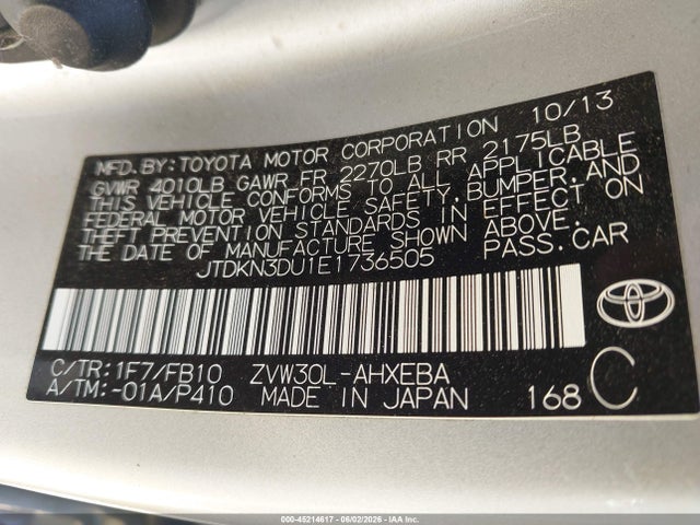Aukcja sprzedaży 2014 Toyota Prius Two, vin: JTDKN3DU1E1736505, numer aukcji: 45214617