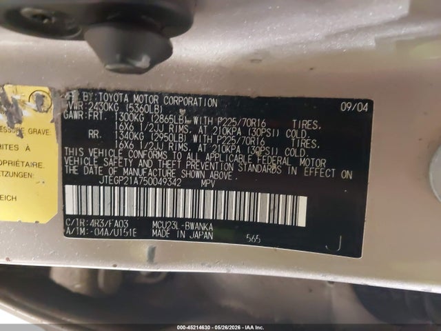 45214630 :رقم المزاد ، JTEGP21A750049342 vin ، 2005 Toyota Highlander V6 مزاد بيع