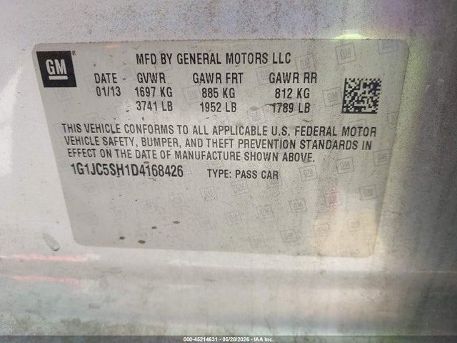 Продаж на аукціоні авто 2013 Chevrolet Sonic Lt Auto, vin: 1G1JC5SH1D4168426, номер лоту: 45214631
