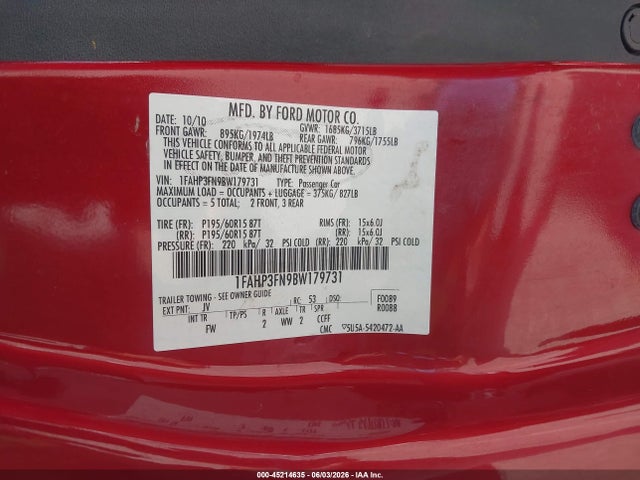 2011 Ford Focus Se მანქანა იყიდება აუქციონზე, vin: 1FAHP3FN9BW179731, აუქციონის ნომერი: 45214635