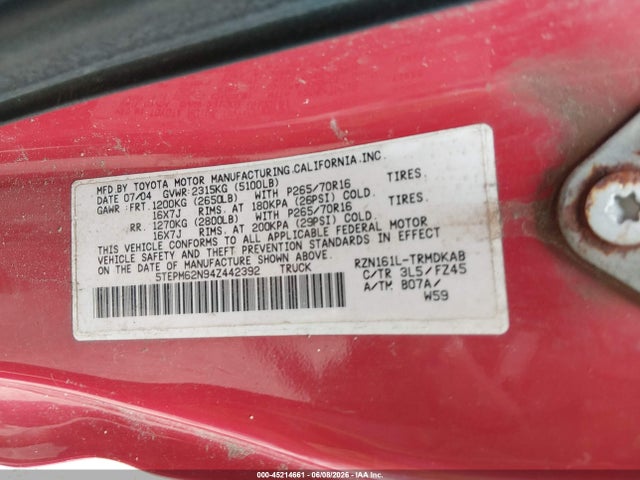 Aukcja sprzedaży 2004 Toyota Tacoma, vin: 5TEPM62N94Z442392, numer aukcji: 45214661