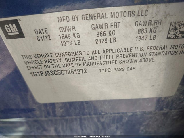 Продажа на аукционе авто 2012 Chevrolet Cruze Eco, vin: 1G1PJ5SC5C7261872, номер лота: 45214667