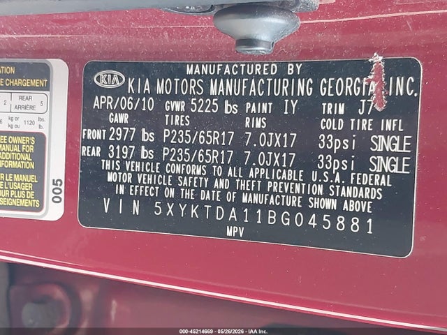 Продажа на аукционе авто 2011 Kia Sorento Lx, vin: 5XYKTDA11BG045881, номер лота: 45214669