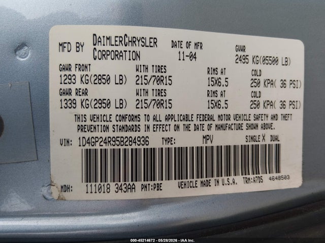 45214672 :رقم المزاد ، 1D4GP24R95B284936 vin ، 2005 Dodge Grand Caravan Se مزاد بيع