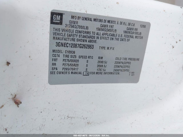 45214675 :رقم المزاد ، 3GNEC12087G262863 vin ، 2007 Chevrolet Avalanche 1500 Ltz مزاد بيع
