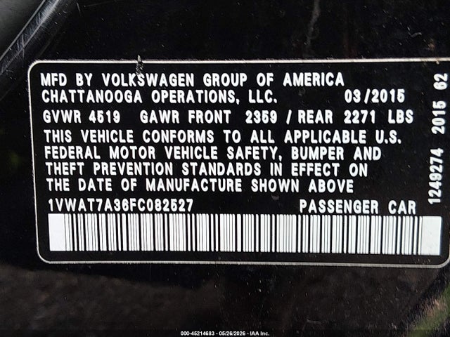 1VWAT7A36FC082527 Volkswagen Passat 1.8t Wolfsburg Edition