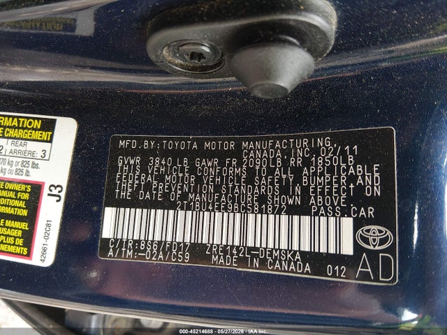 Aukcja sprzedaży 2011 Toyota Corolla S, vin: 2T1BU4EE9BC581872, numer aukcji: 45214688
