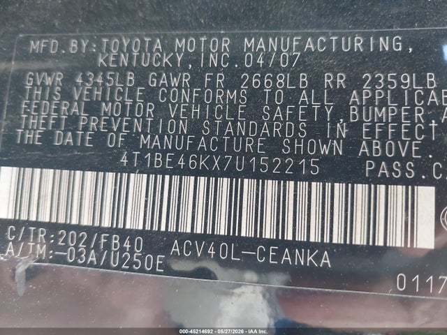 Aukcja sprzedaży 2007 Toyota Camry Le, vin: 4T1BE46KX7U152215, numer aukcji: 45214692