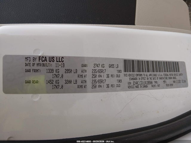 45214693 :رقم المزاد ، 2C4RC1CG1LR128500 vin ، 2020 Chrysler Voyager Lx مزاد بيع